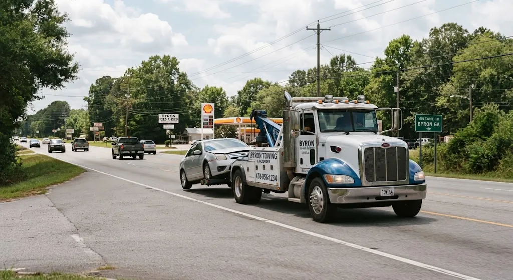 BYRON TOWING marked tow truck towing a car on a busy road in Byron, Georgia, near a Shell gas station